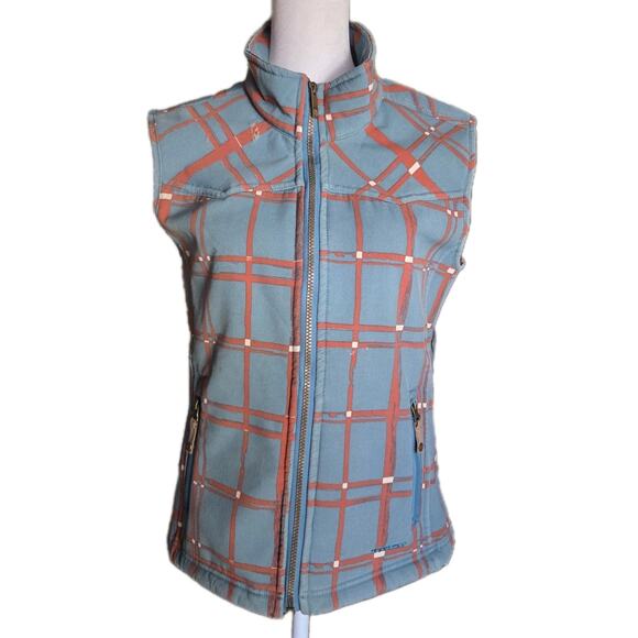 Twist Teal Red Abstract Plaid Vest Sz Med Fleece Lined Pockets Cabin Cottage SEE - Picture 1 of 9